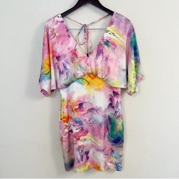 Aidan Mattox Satin Flared Short Sleeve Mini Dress Size 2 Pink Multicolor - Picture 1 of 9
